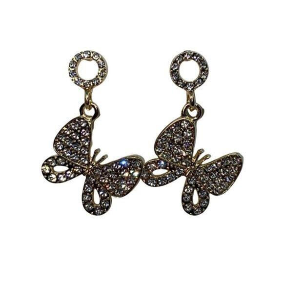 NWT Gold-Tone Clear Rhinestone Dangle Butterfly Earrings - Picture 1 of 7